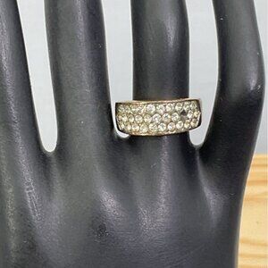 Vintage Gold Plated Three Row White Pave Rhinestone Fashion Ring
